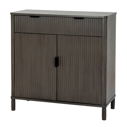 Dark wood cabinet with two doors on a white background