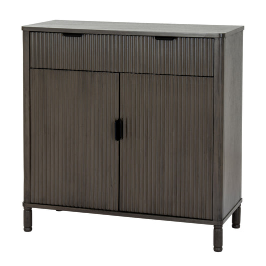Dark wood cabinet with two doors on a white background