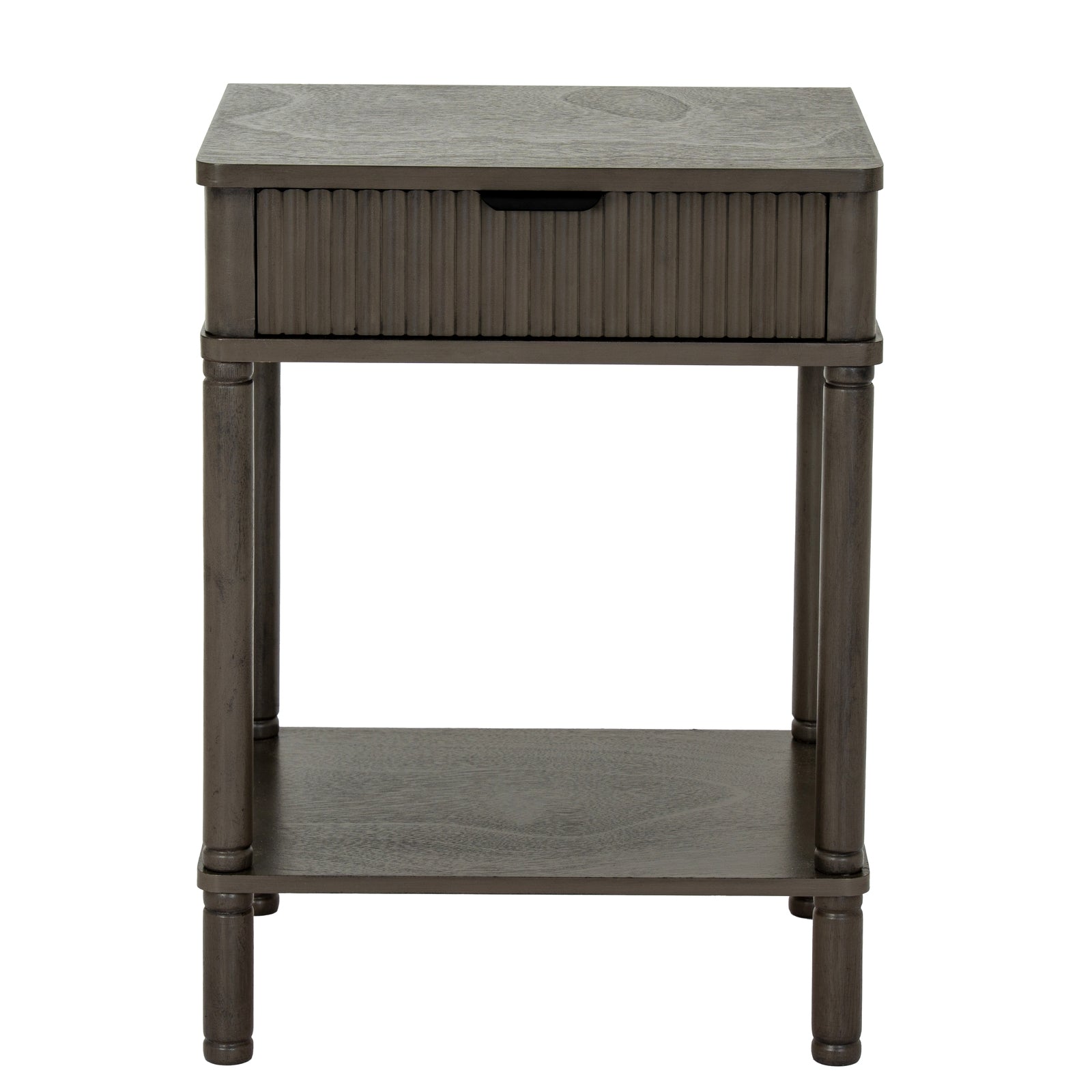 Dark brown side table with a drawer and shelf on a white background