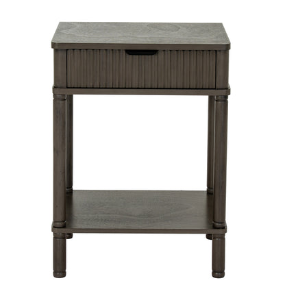 Dark brown side table with a drawer and shelf on a white background