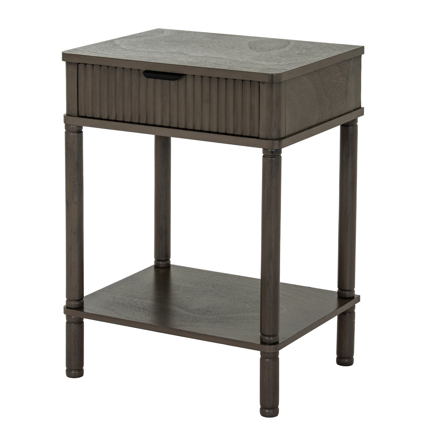 Dark brown side table with a shelf on a white background
