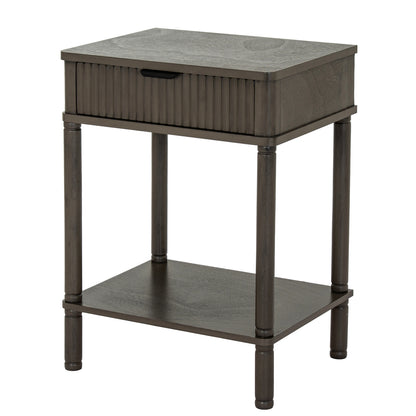 Dark brown side table with a shelf on a white background