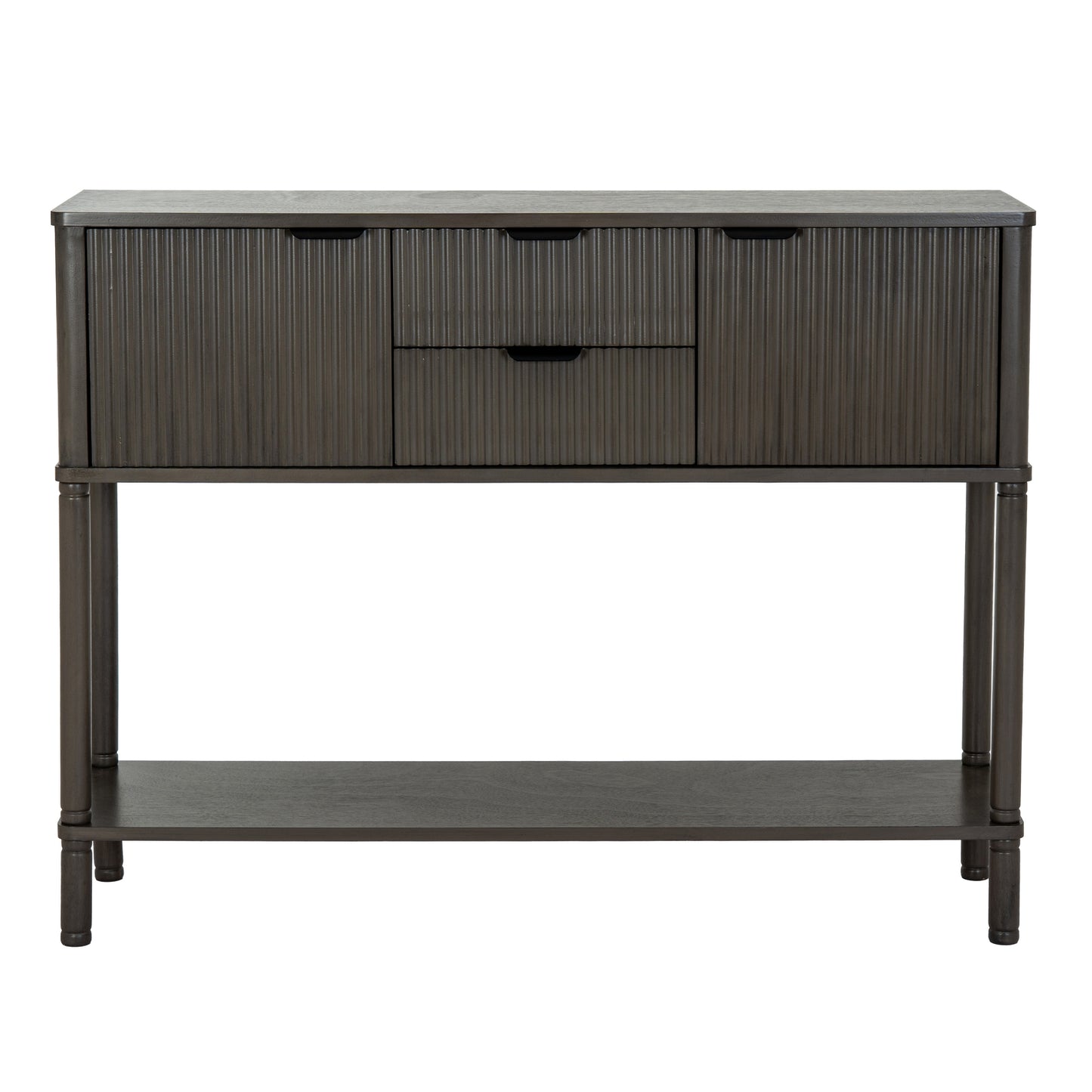 Dark wood console table with a drawer and shelf on a white background