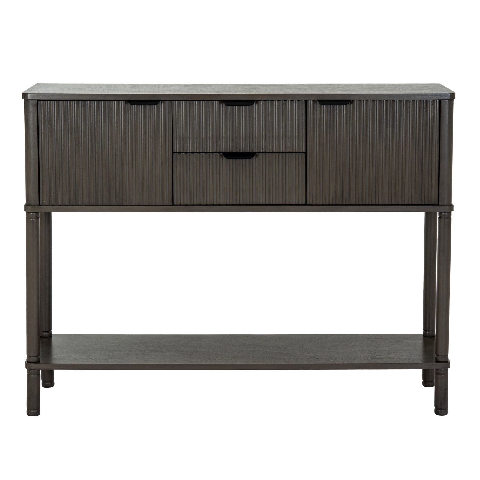 Dark wood console table with a drawer and shelf on a white background