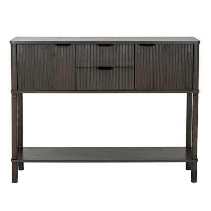 Dark wood console table with a drawer and shelf on a white background
