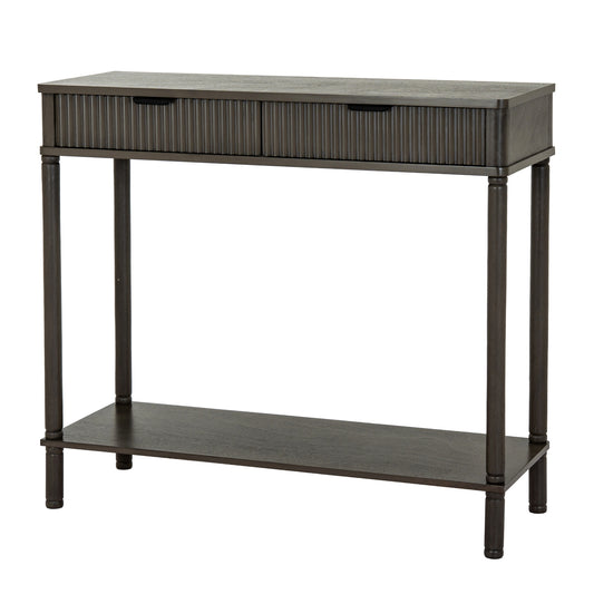 Dark brown console table with a shelf on a white background