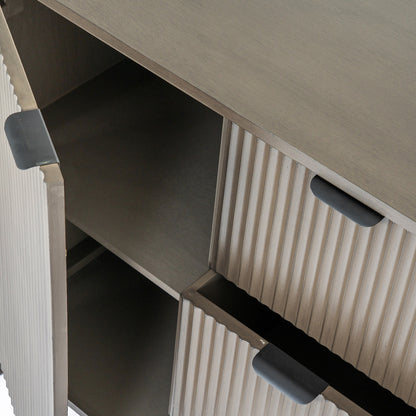 Close-up of a cabinet with open doors showing a ribbed texture.