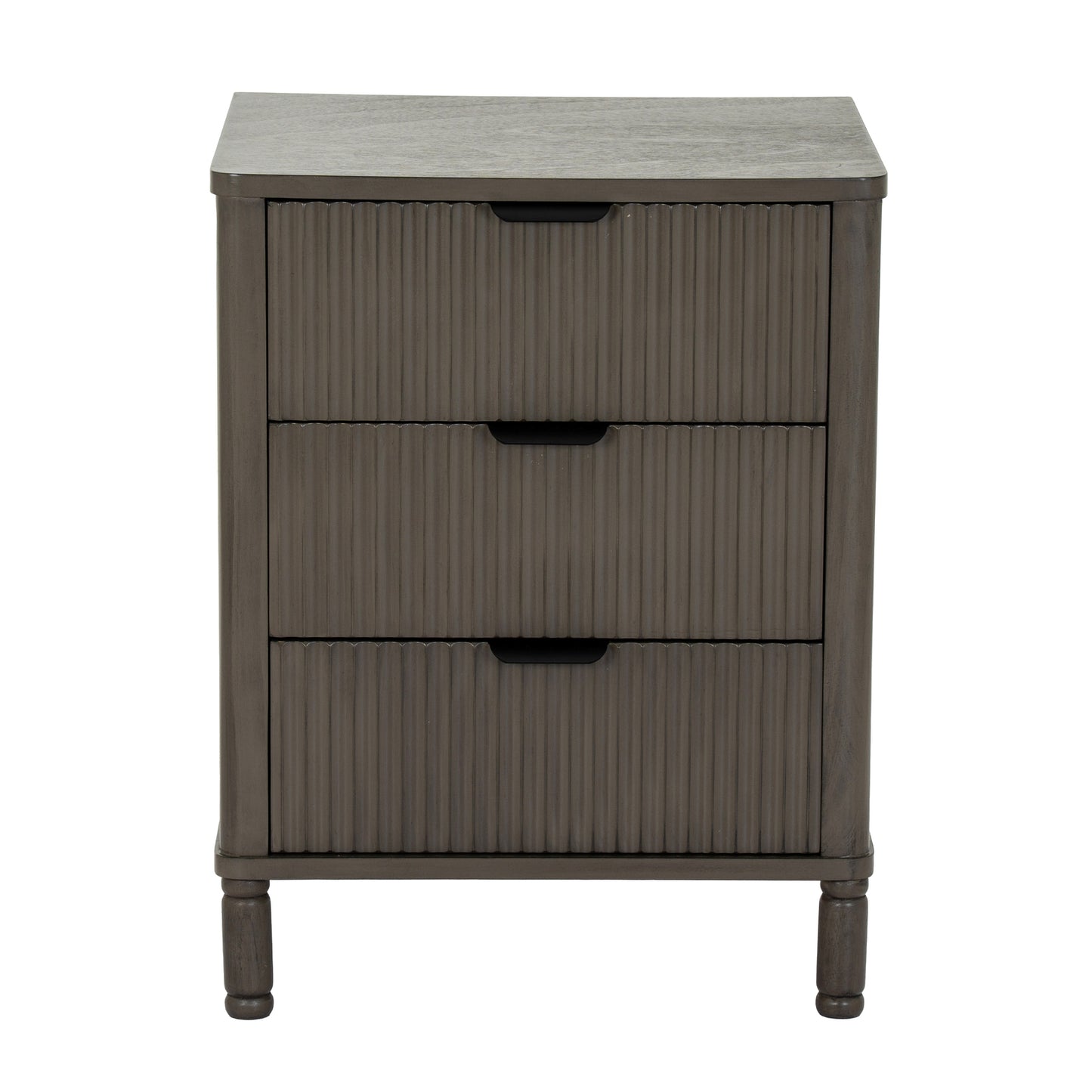Dark wood nightstand with three drawers on a white background