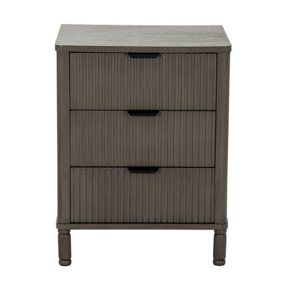 Dark wood nightstand with three drawers on a white background