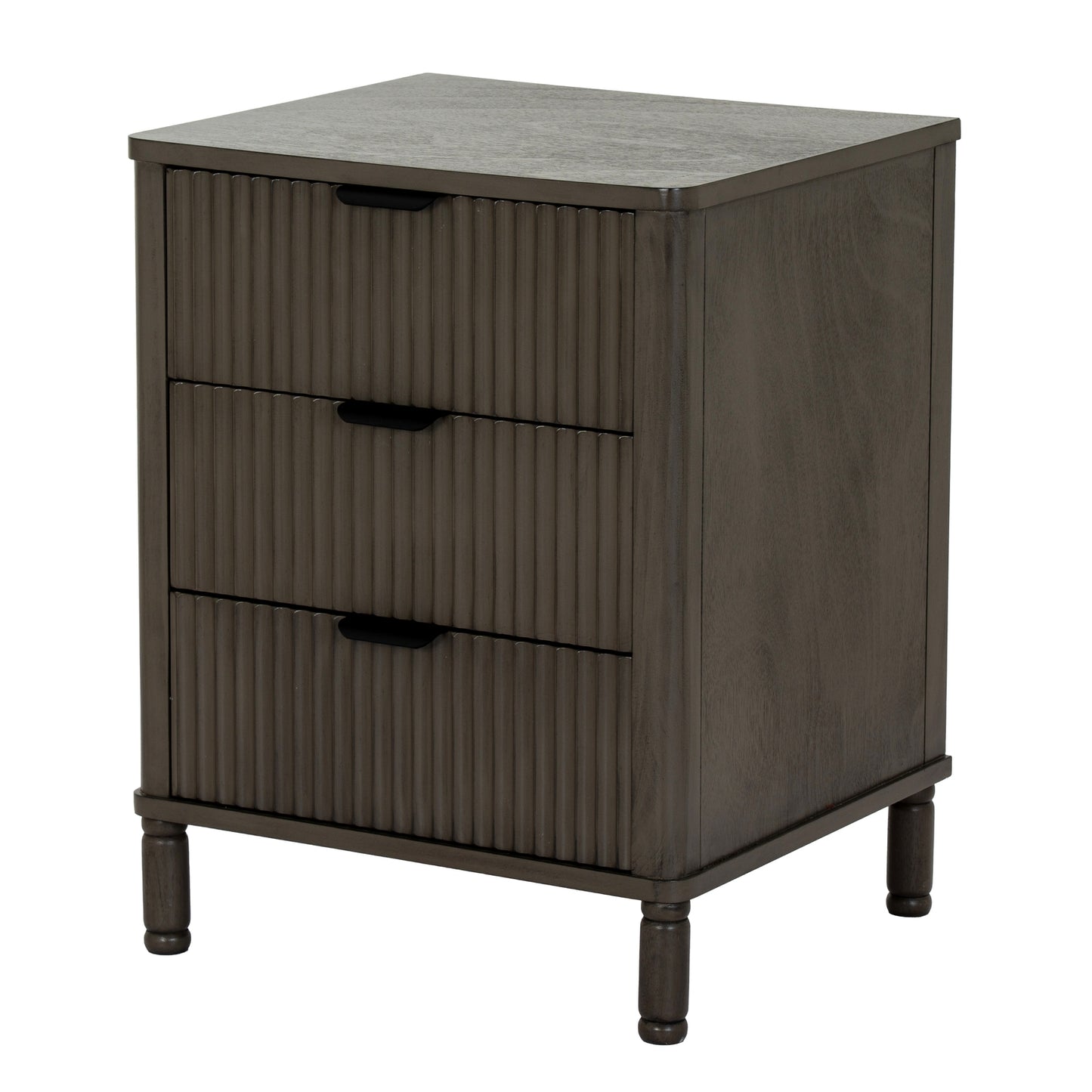 Dark wood nightstand with three drawers on a white background