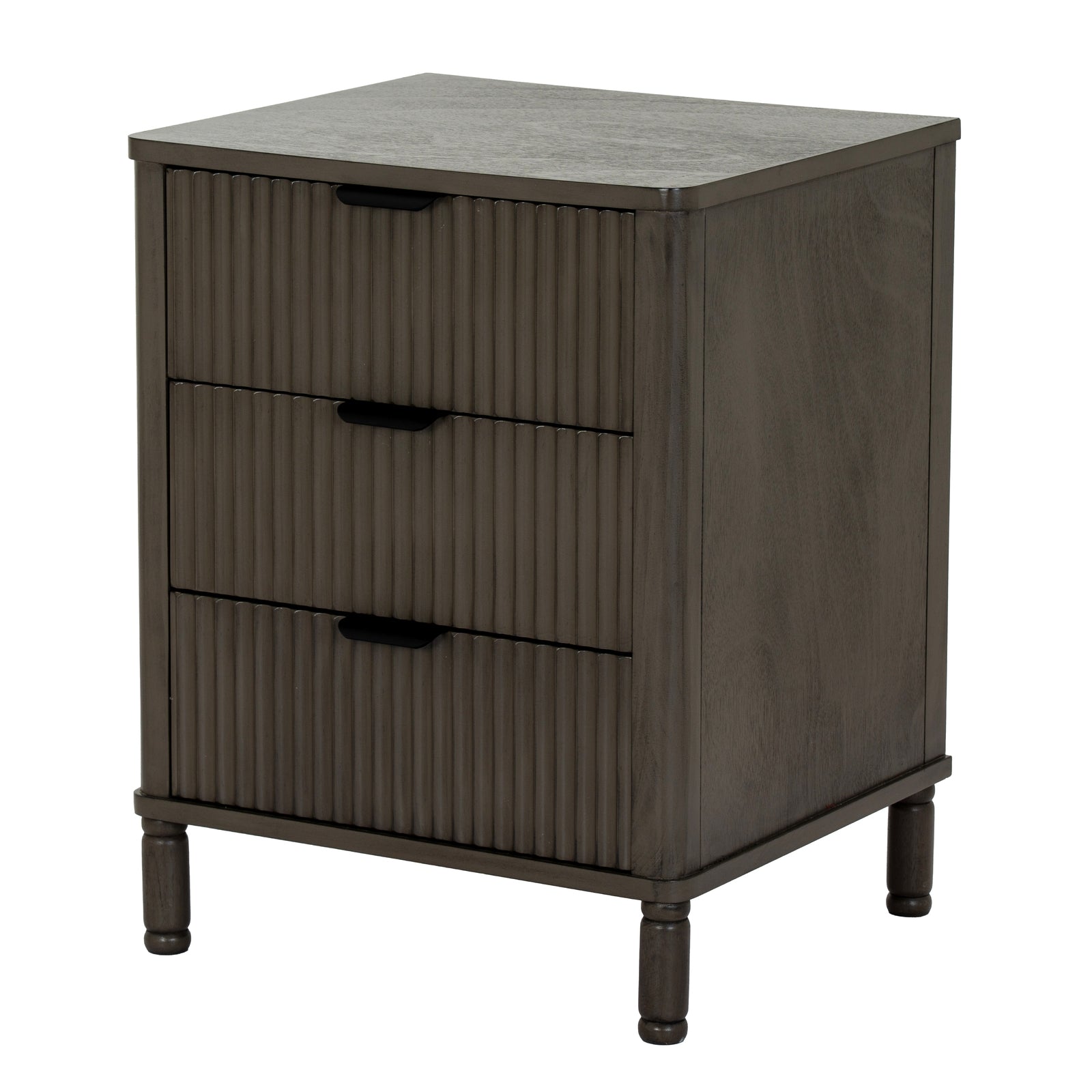 Dark wood nightstand with three drawers on a white background
