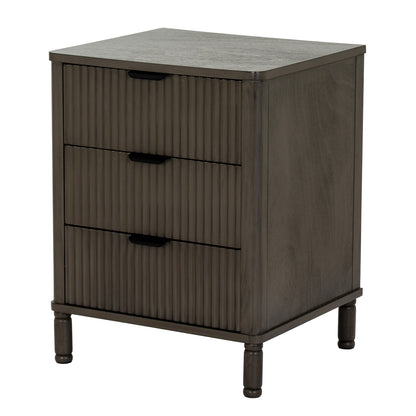 Dark wood nightstand with three drawers on a white background