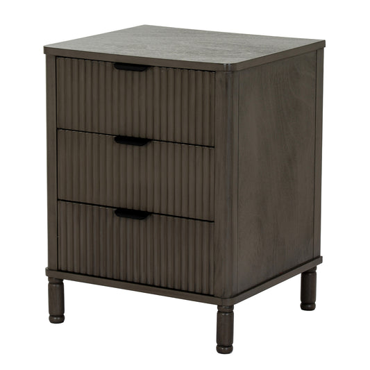Dark wood nightstand with three drawers on a white background