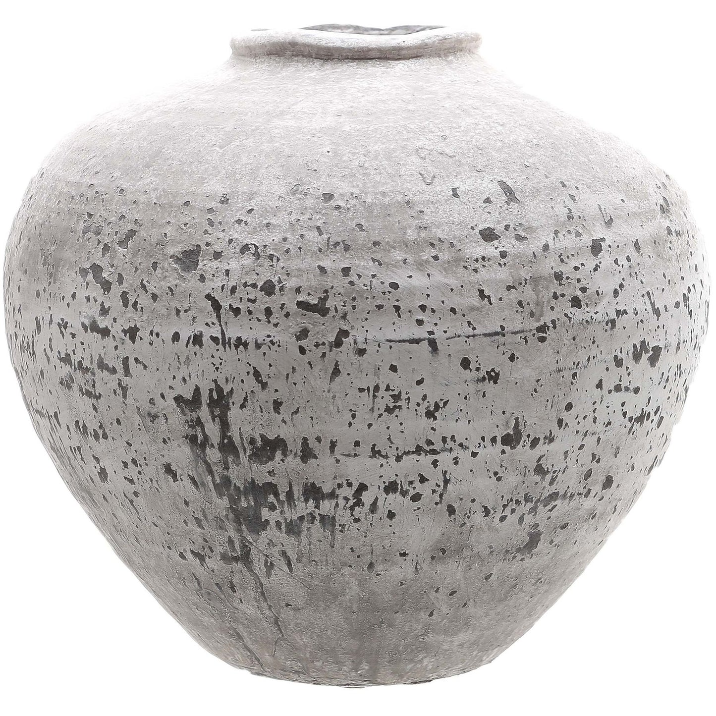 Gray terracotta pot with speckled texture on a white background