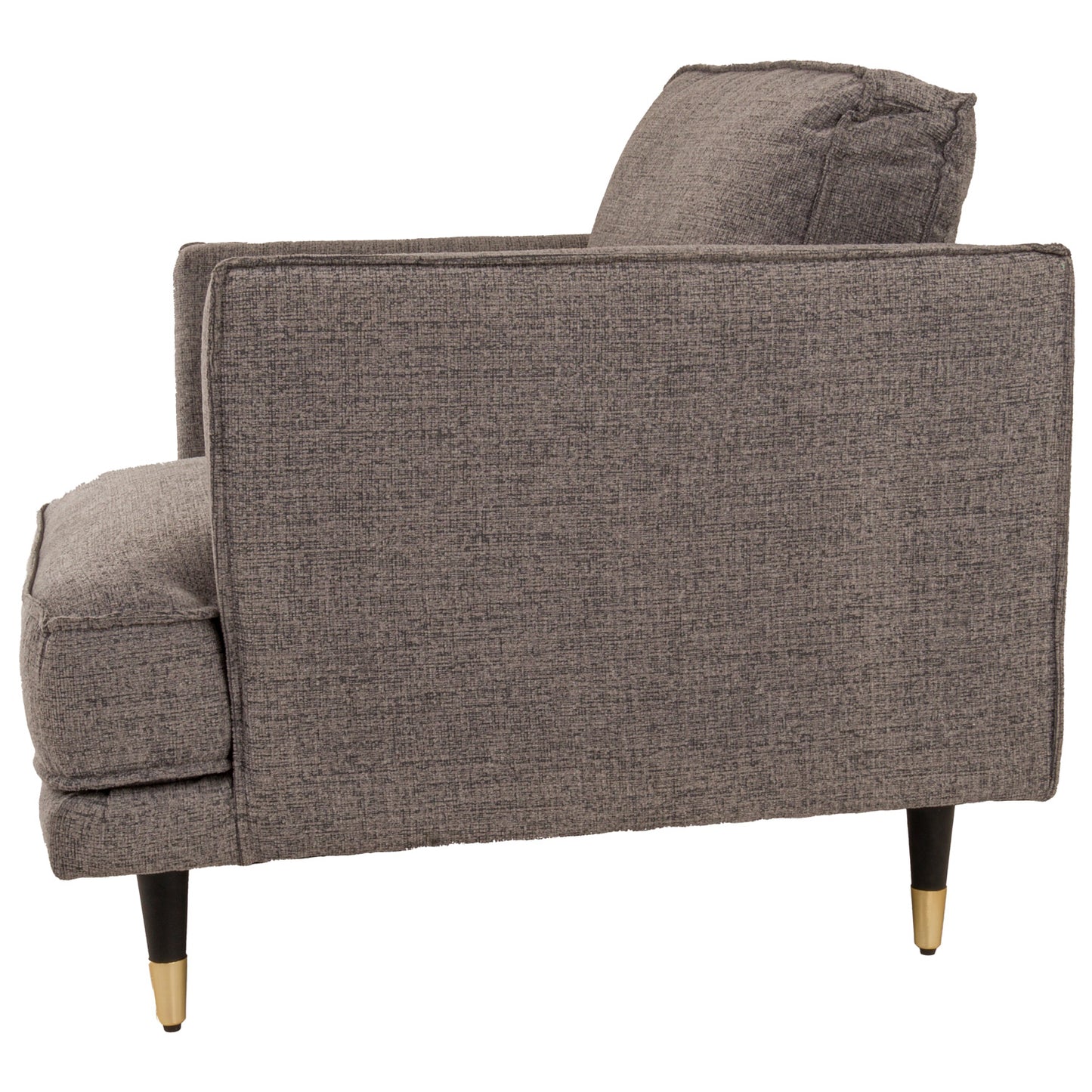 Gray upholstered armchair with gold feet on a white background