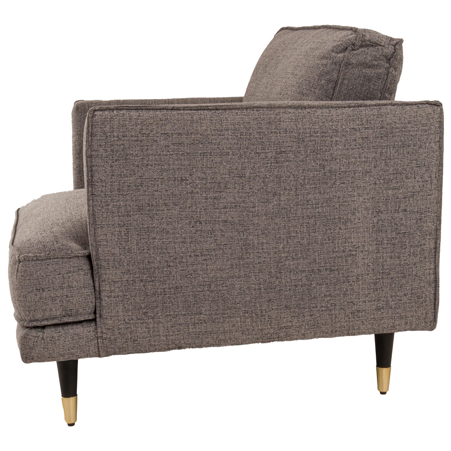Gray upholstered armchair with gold feet on a white background