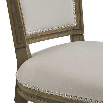 Chair with wooden frame and upholstered seat and backrest on a white background