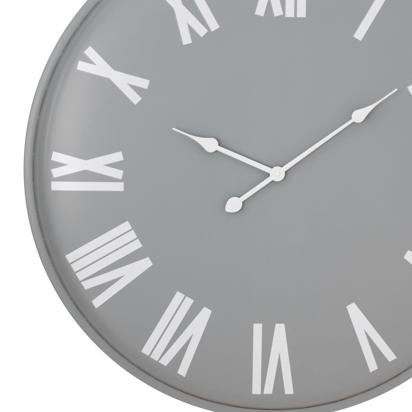 Gray wall clock with white Roman numerals on a white background