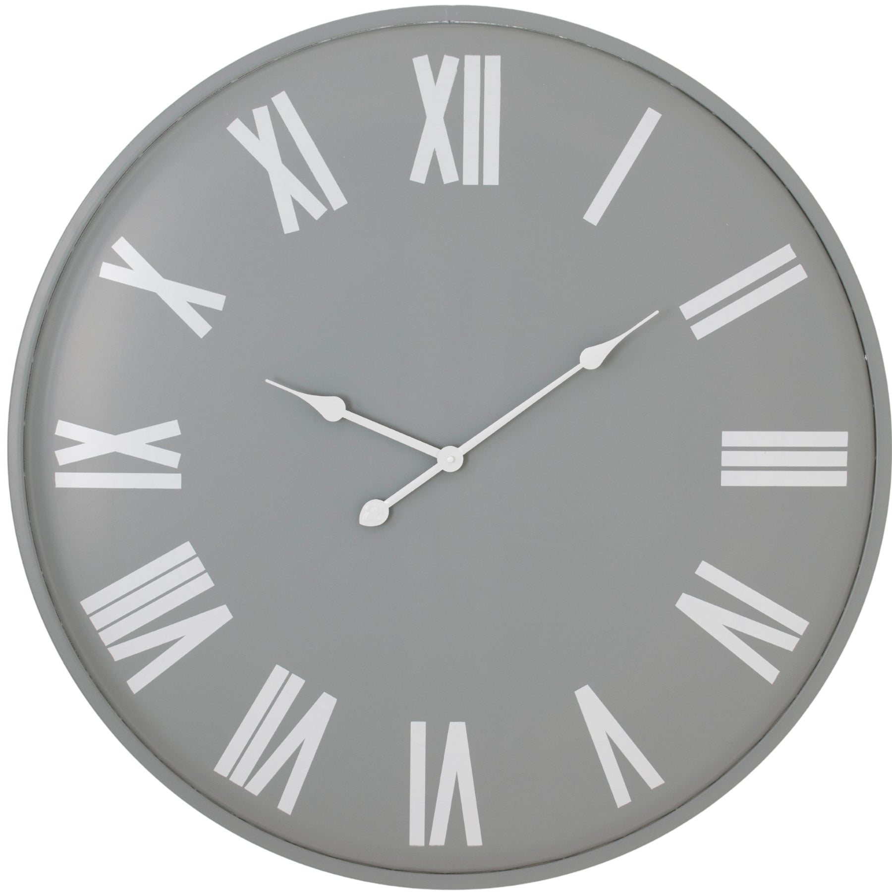 Gray wall clock with white Roman numerals on a white background