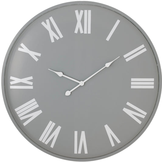 Gray wall clock with white Roman numerals on a white background