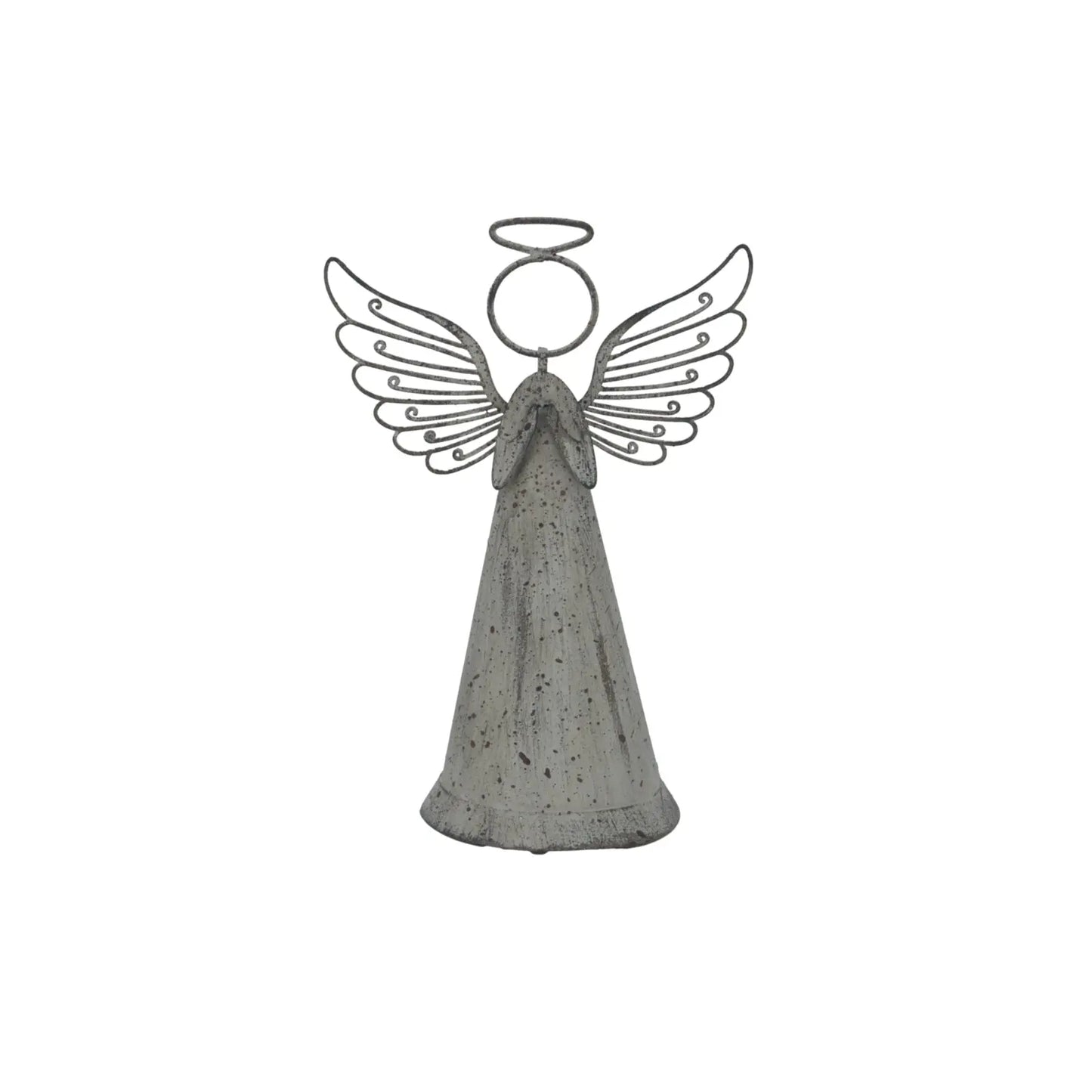 Decorative angel figure with metal wings on a white background