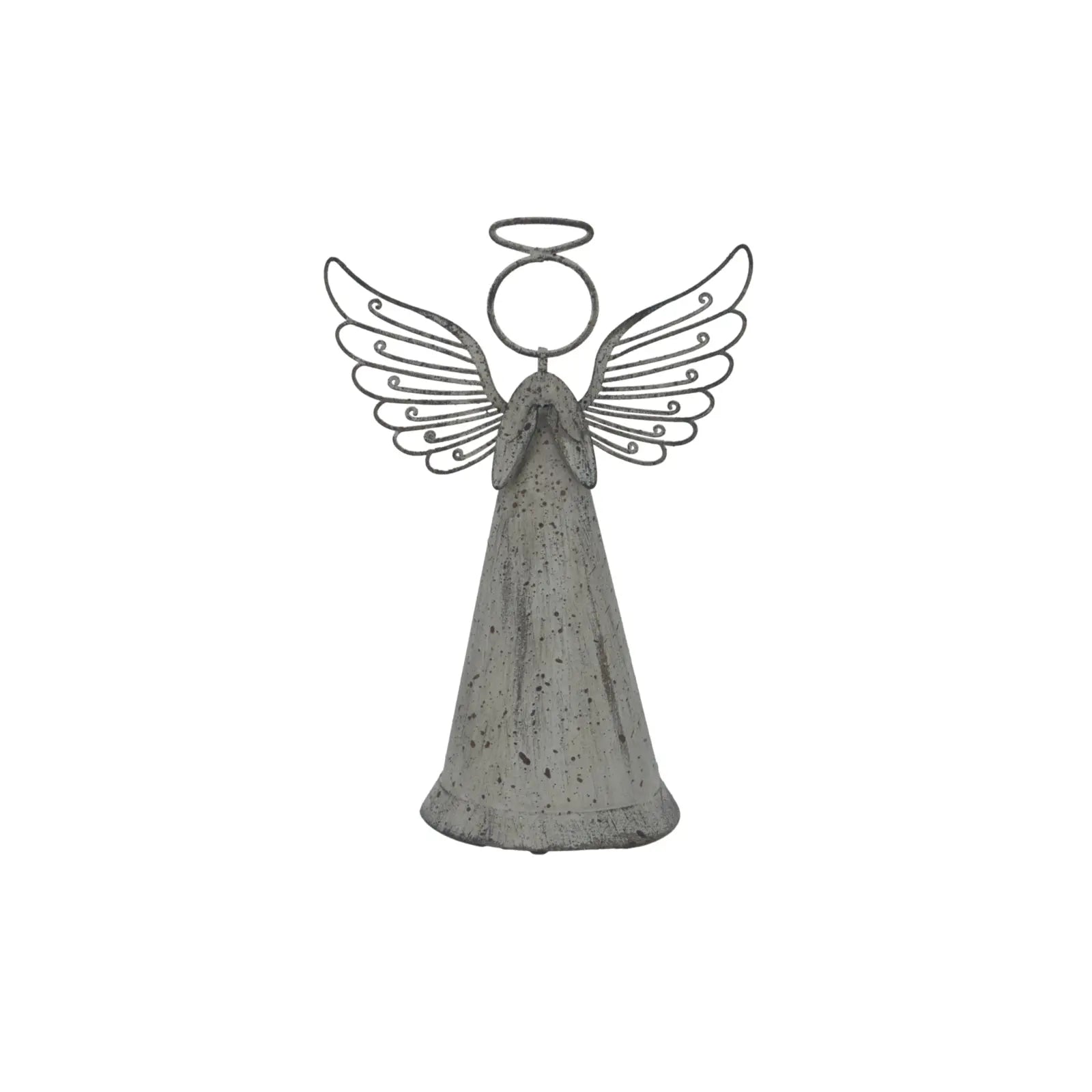 Decorative angel figure with metal wings on a white background