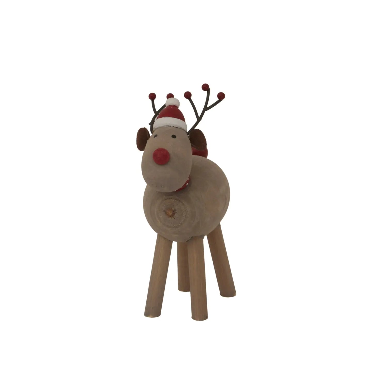 Wooden reindeer decoration with a red nose and antlers on a white background