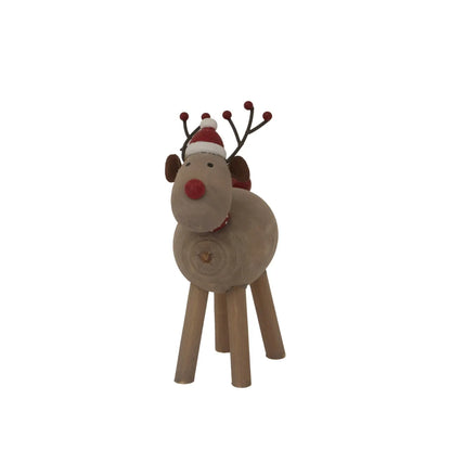 Wooden reindeer decoration with a red nose and antlers on a white background