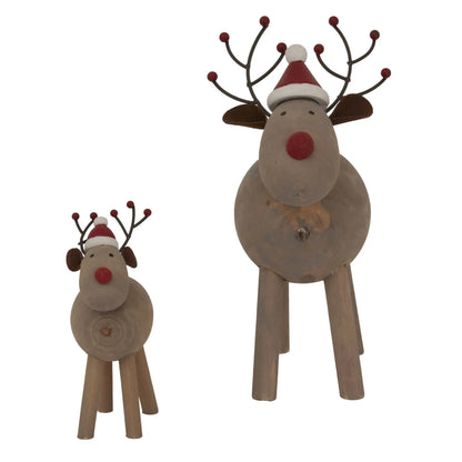 Two wooden reindeer figurines with Santa hats on a white background