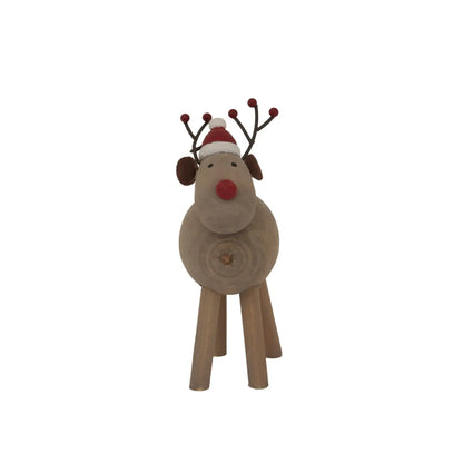 Wooden reindeer decoration with a red nose and antlers on a white background