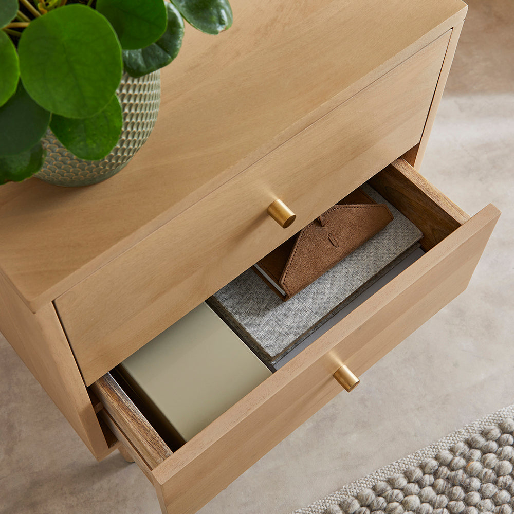 Wooden drawer with gold handles open on a wooden surface with a plant in the corner.