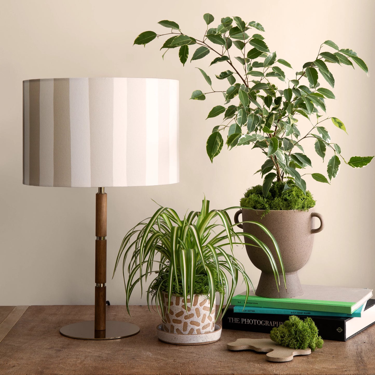 Sand grey & marshmallow striped drum shade - BlissVeranda