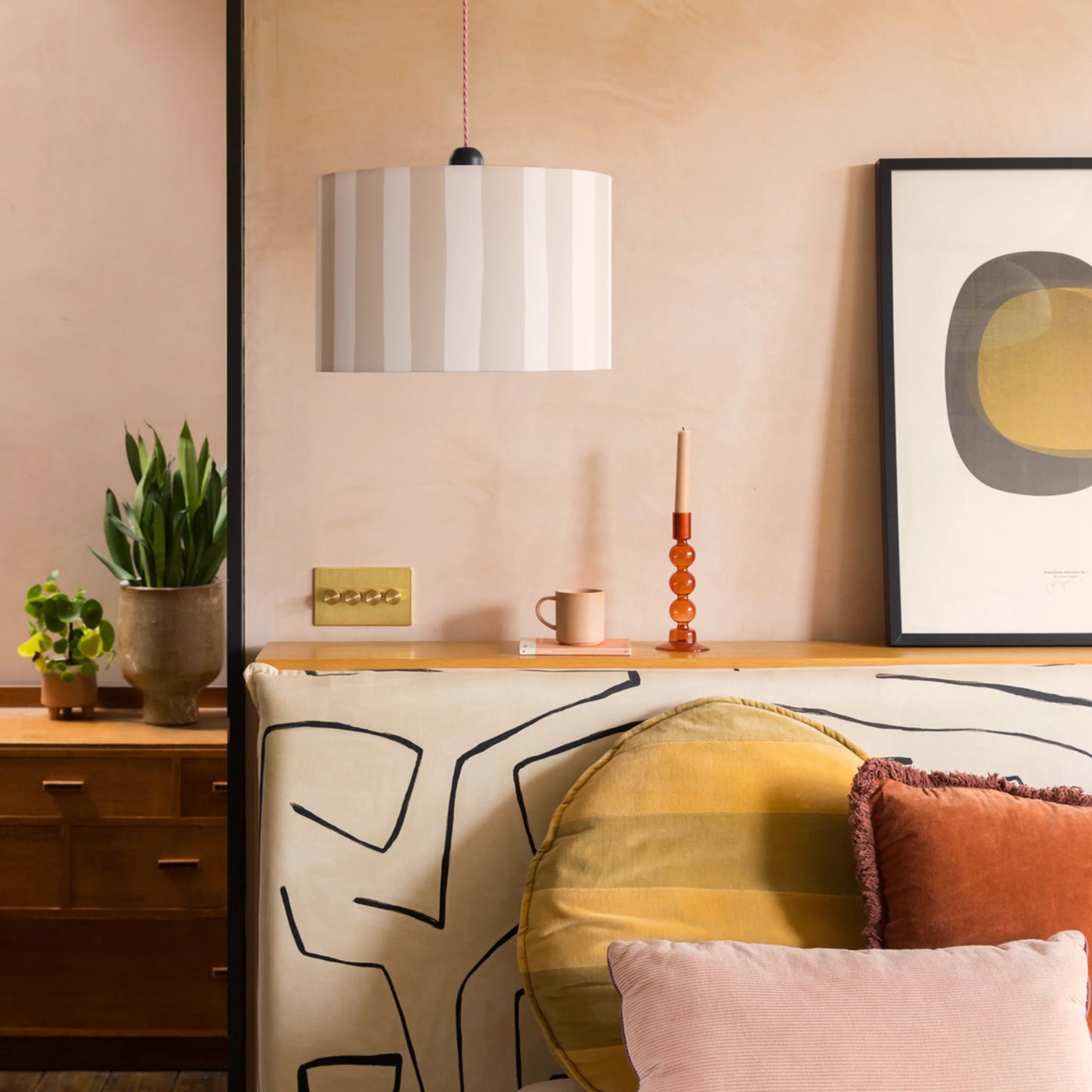 Sand grey & marshmallow striped drum shade - BlissVeranda