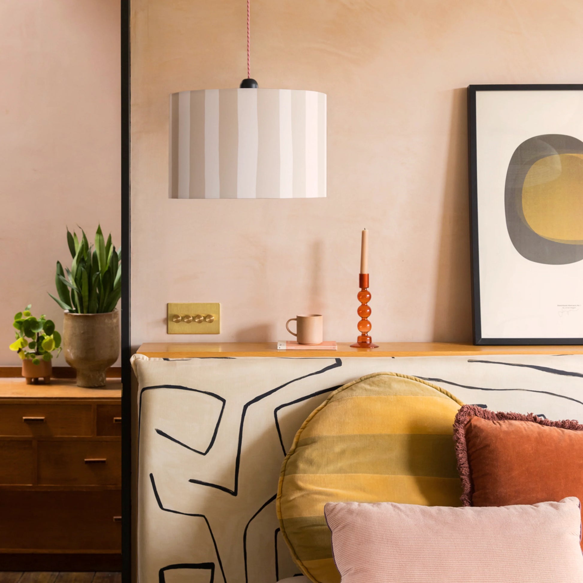 Sand grey & marshmallow striped drum shade - BlissVeranda