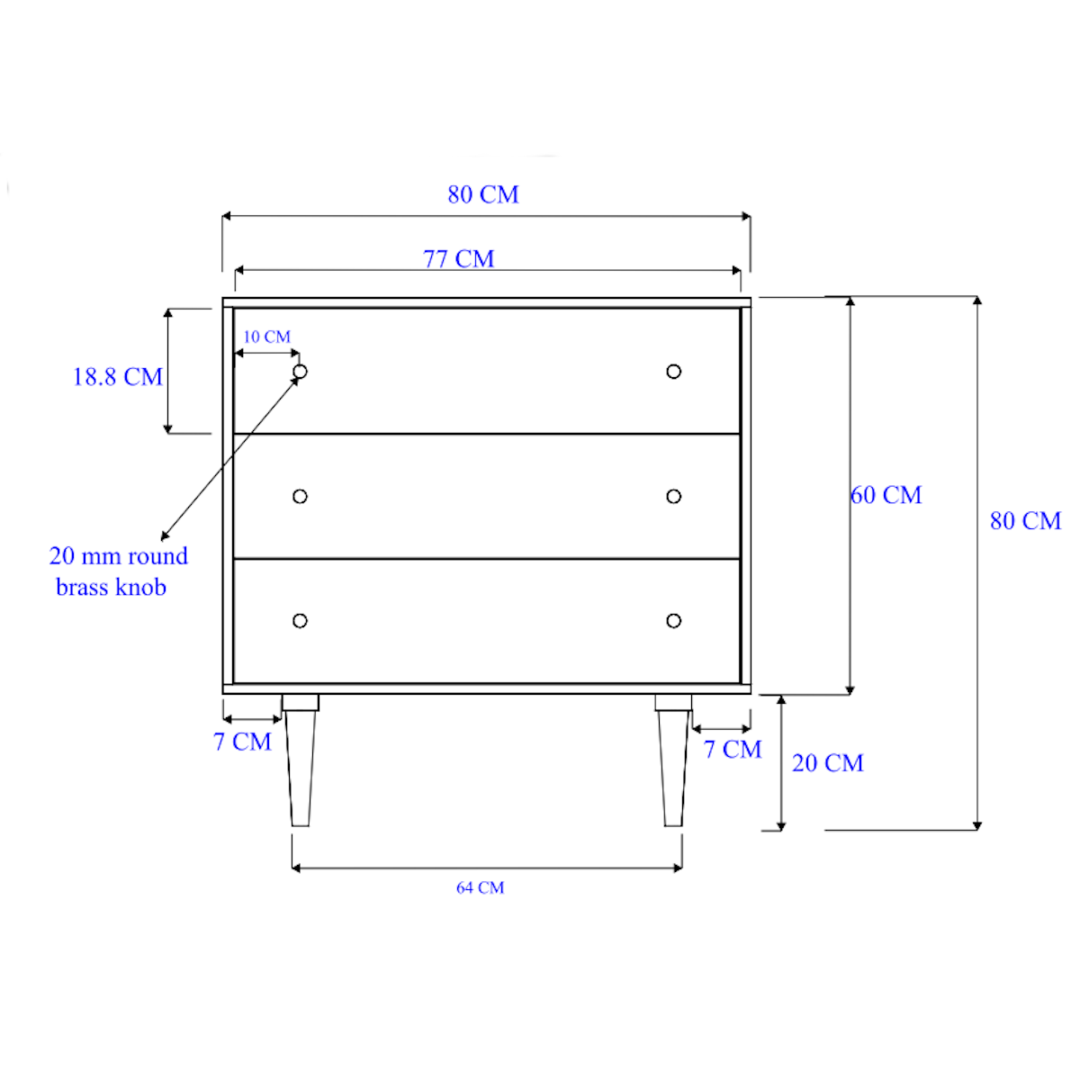 Technical drawing of a piece of furniture with dimensions labeled