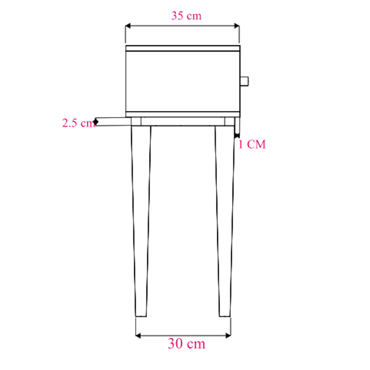 Technical drawing of a rectangular object with dimensions labeled