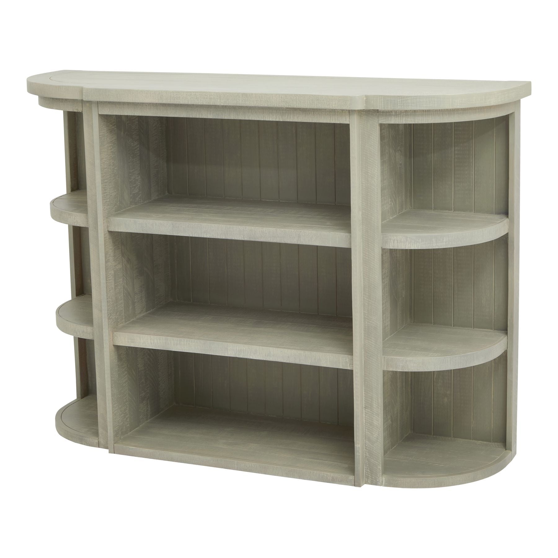 Corner bookshelf with multiple shelves on a white background