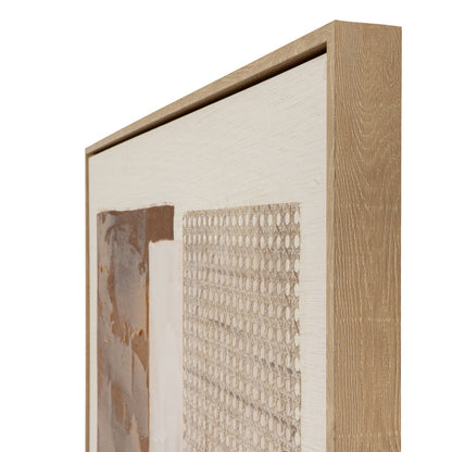 Close-up of a textured wall art piece with a wooden frame on a white background