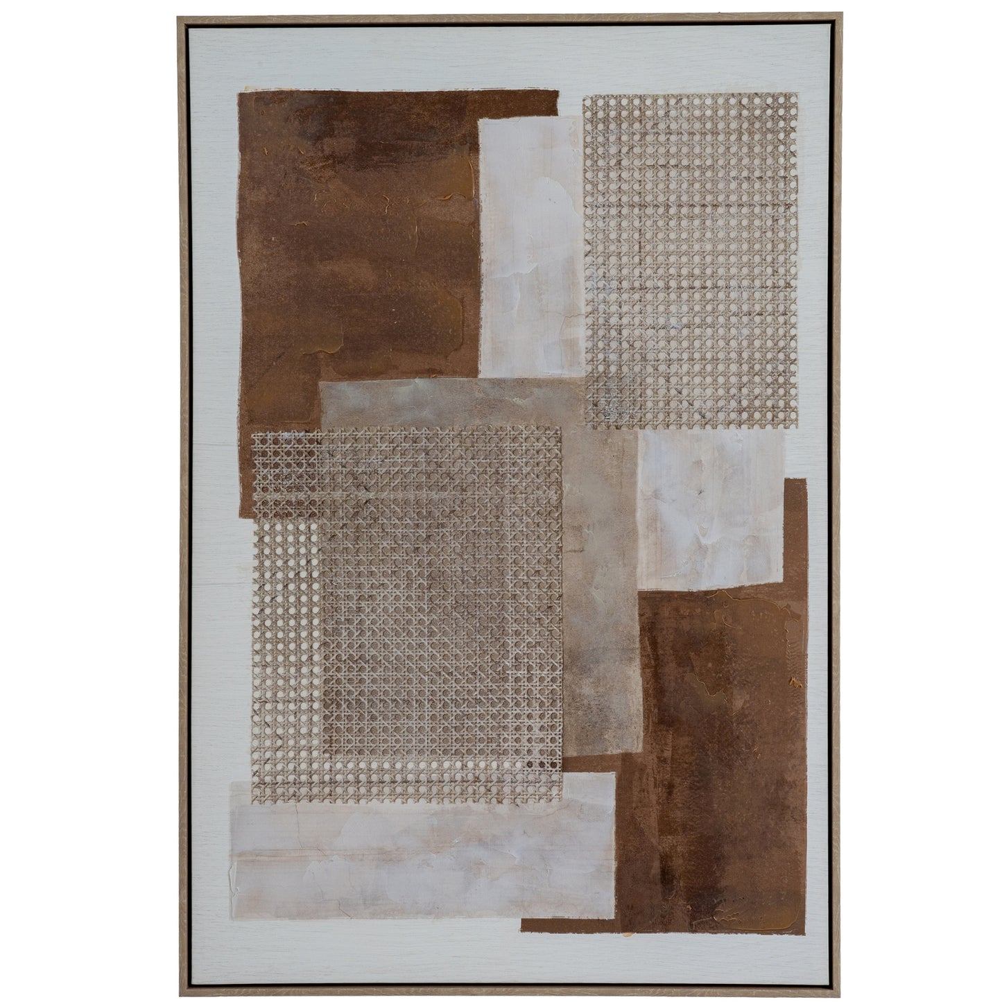 Abstract art piece with geometric shapes in brown and beige tones on a white background