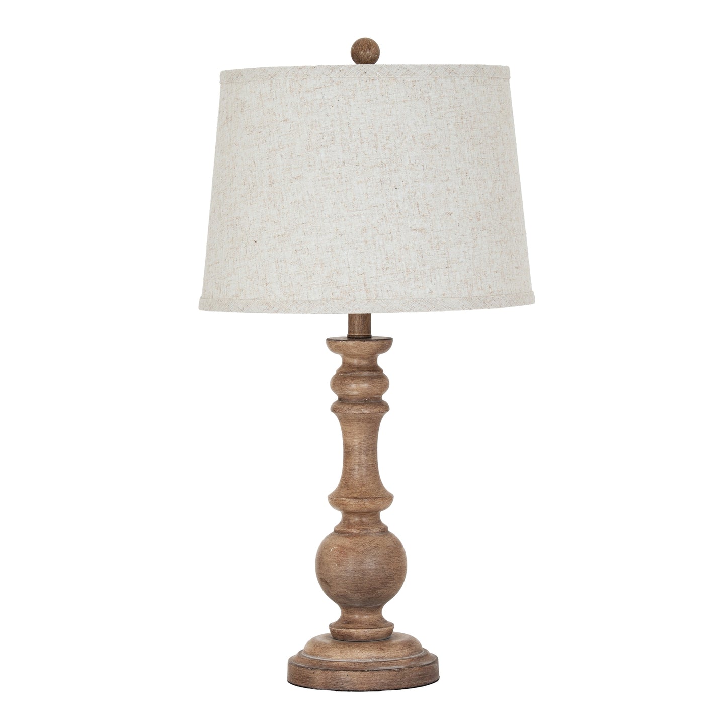 Table lamp with wooden base and beige lampshade on a white background