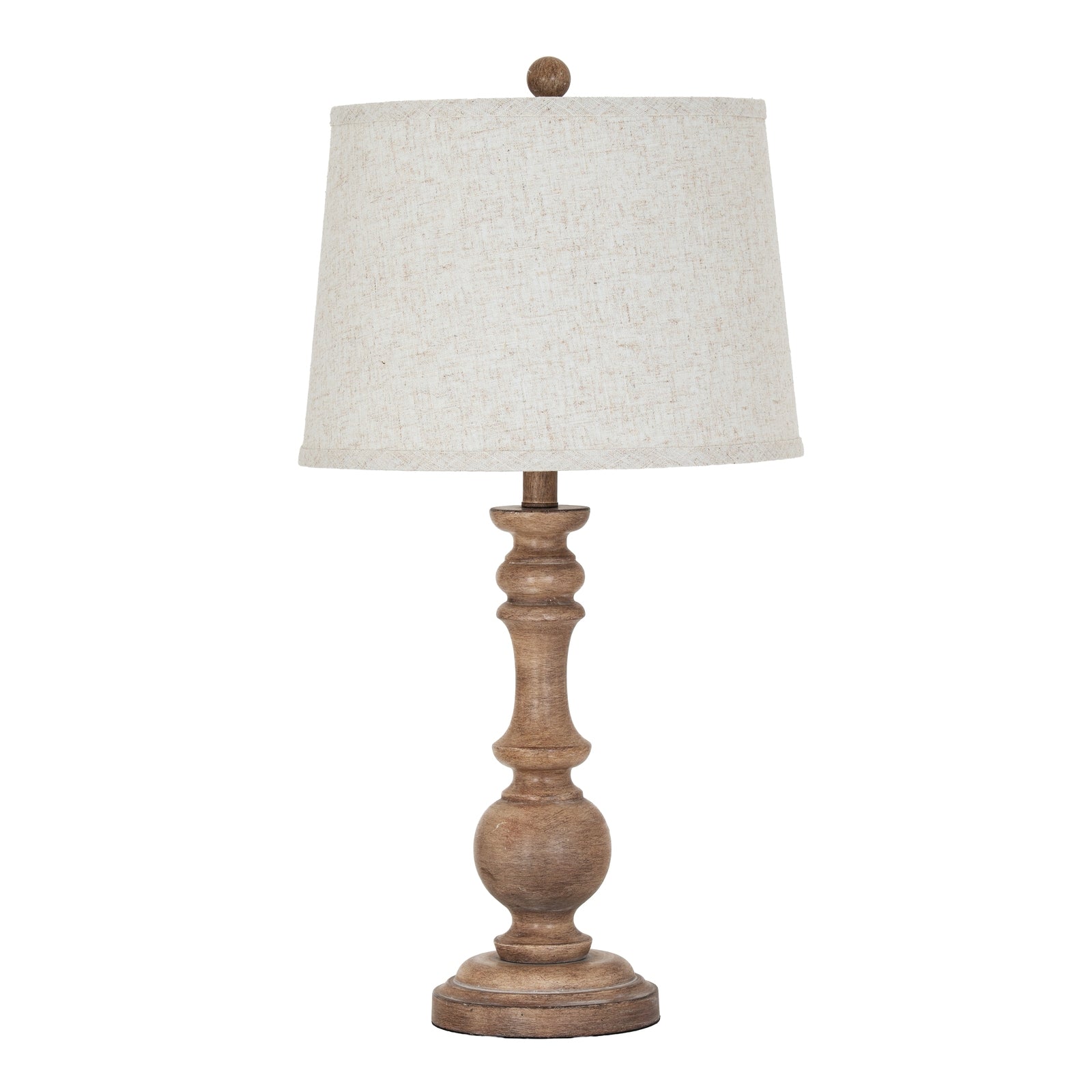 Table lamp with wooden base and beige lampshade on a white background