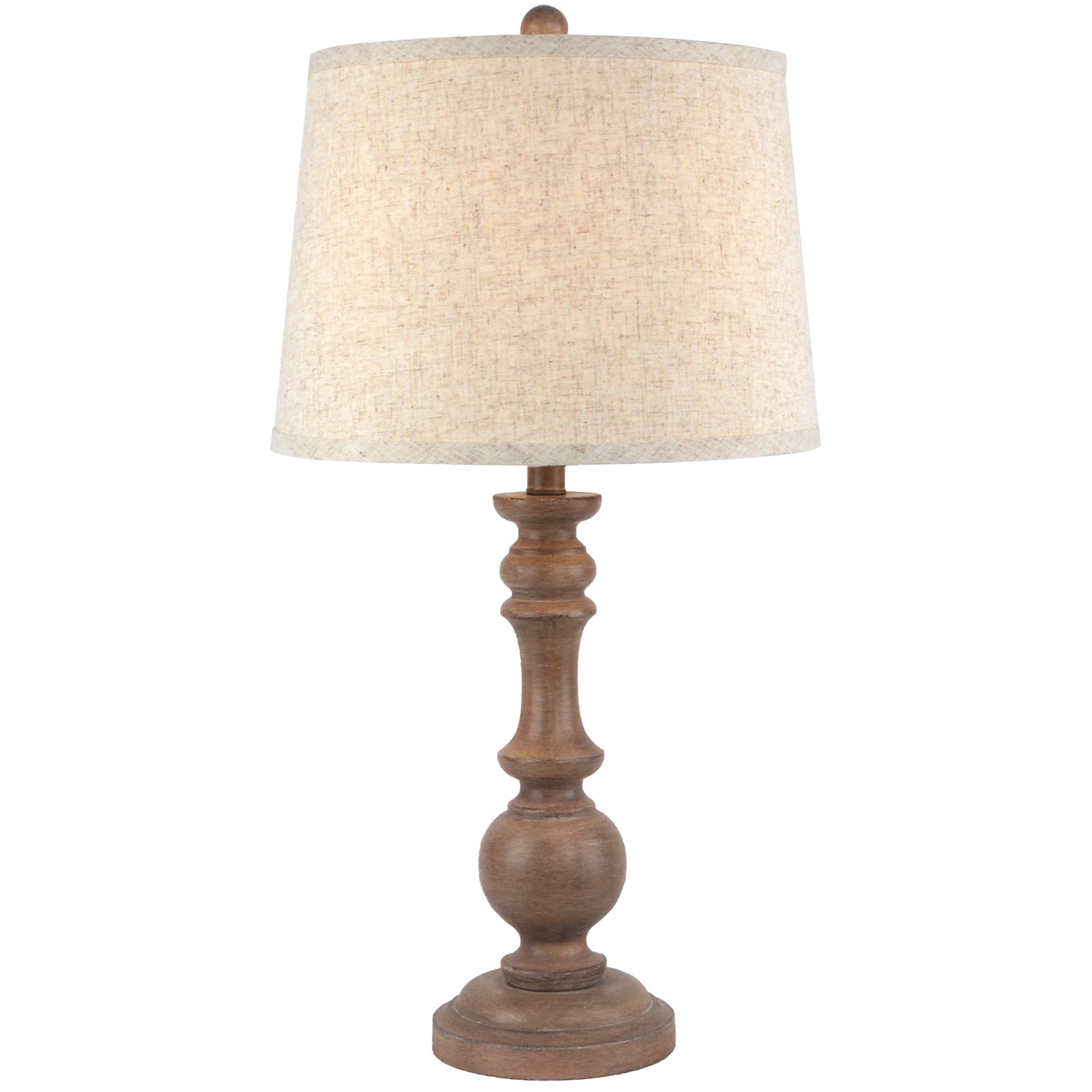 Table lamp with wooden base and beige fabric shade on a white background