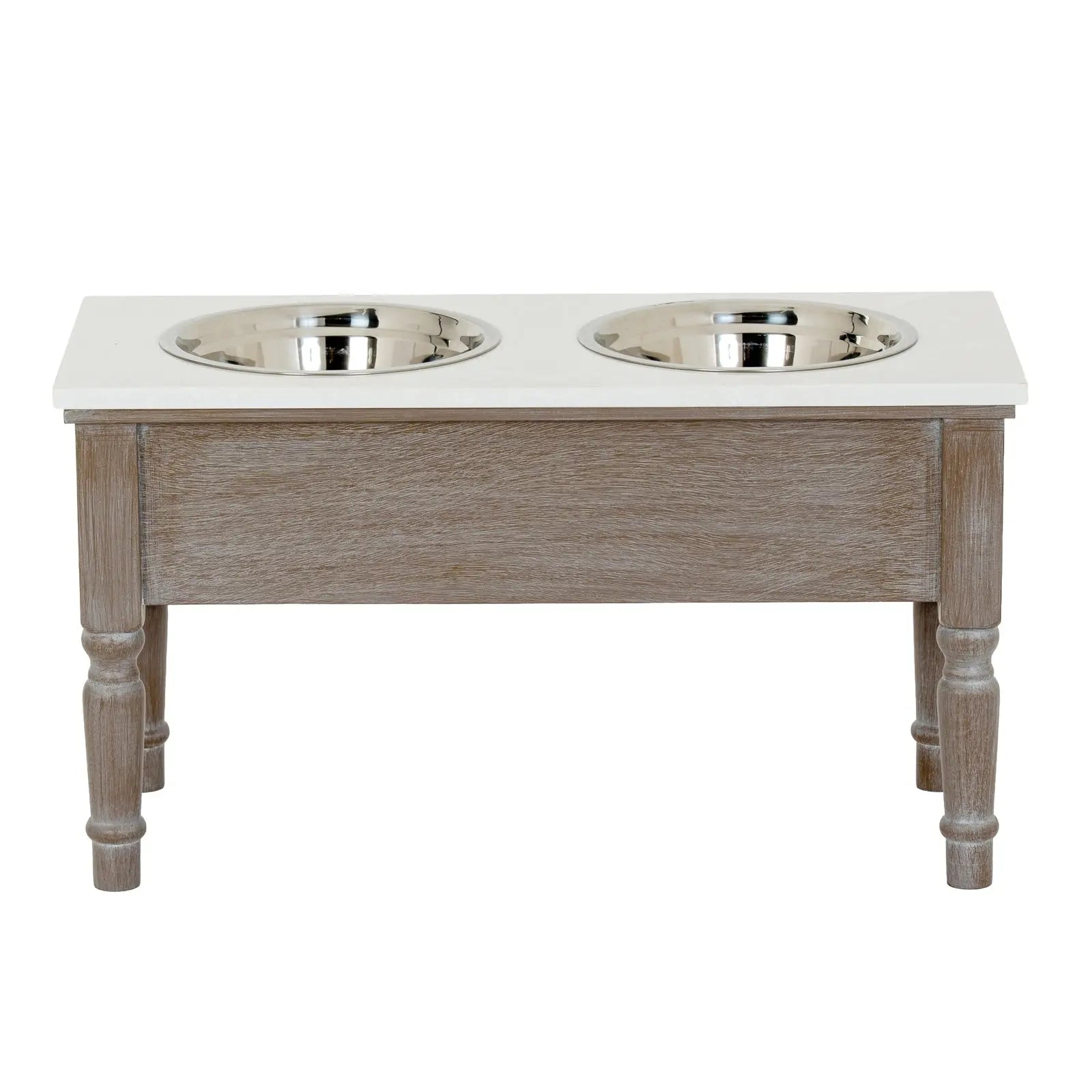 Wooden pet feeder with two stainless steel bowls on a white background