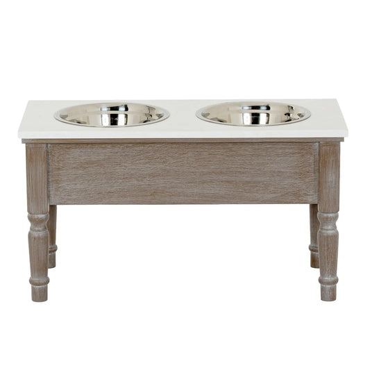 Wooden pet feeder with two stainless steel bowls on a white background