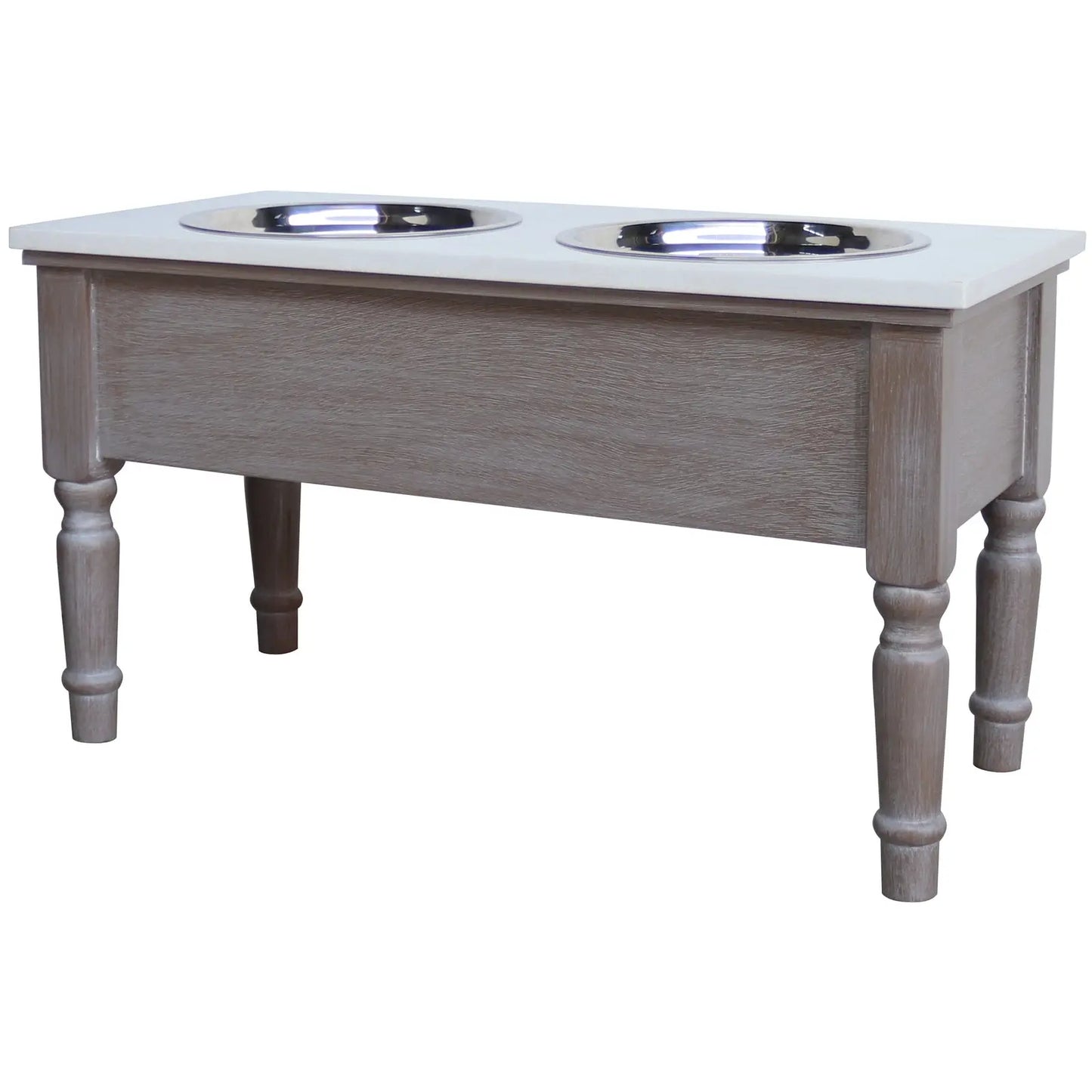 Wooden pet dining table with two stainless steel bowls on a white background