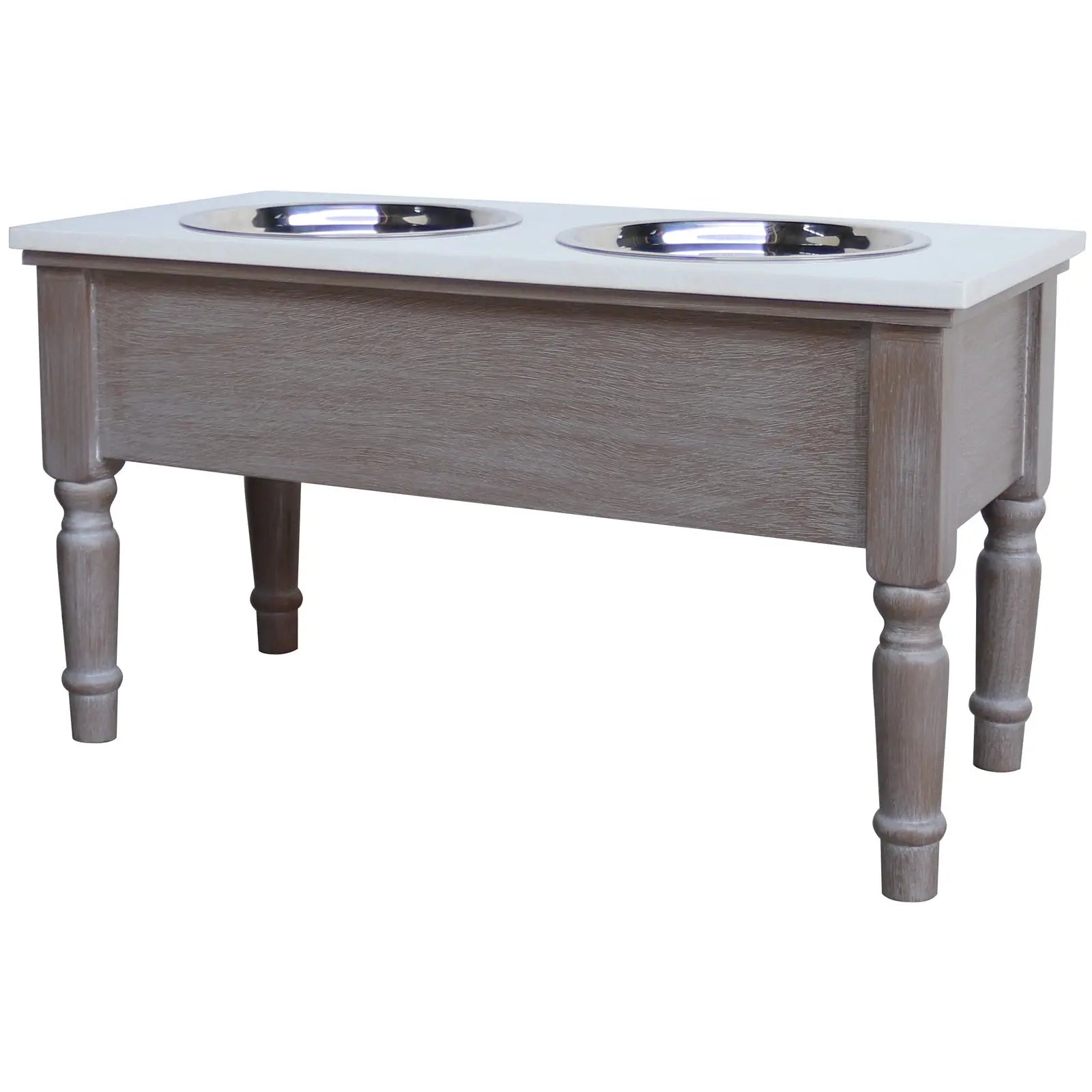 Wooden pet dining table with two stainless steel bowls on a white background
