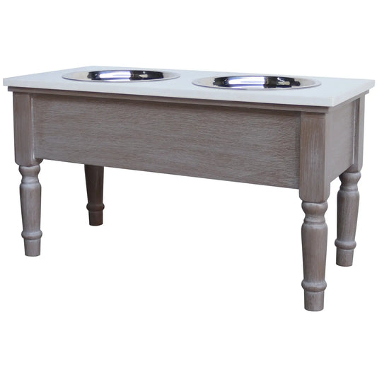 Wooden pet dining table with two stainless steel bowls on a white background