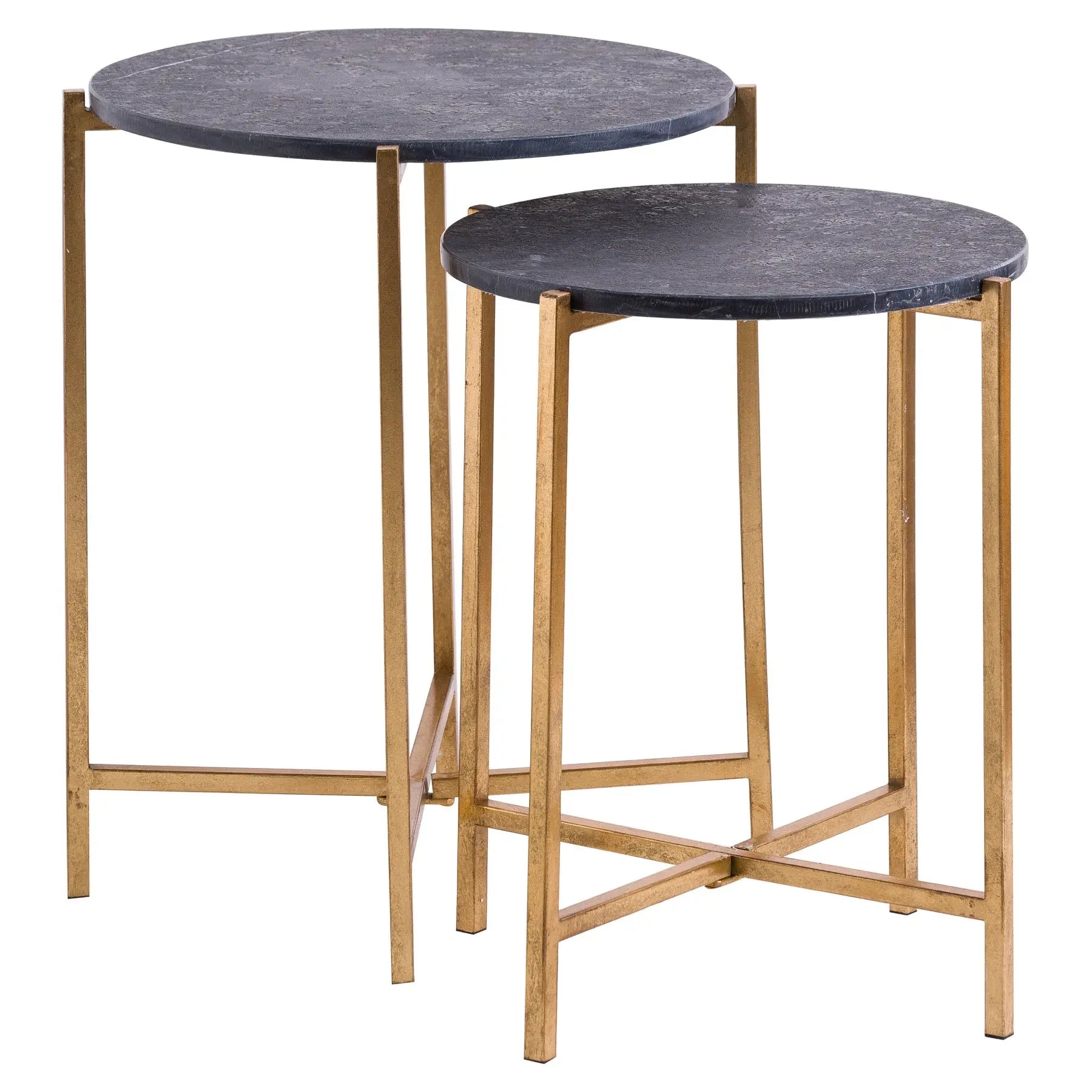 Two round side tables with marble tops and gold metal frames on a white background
