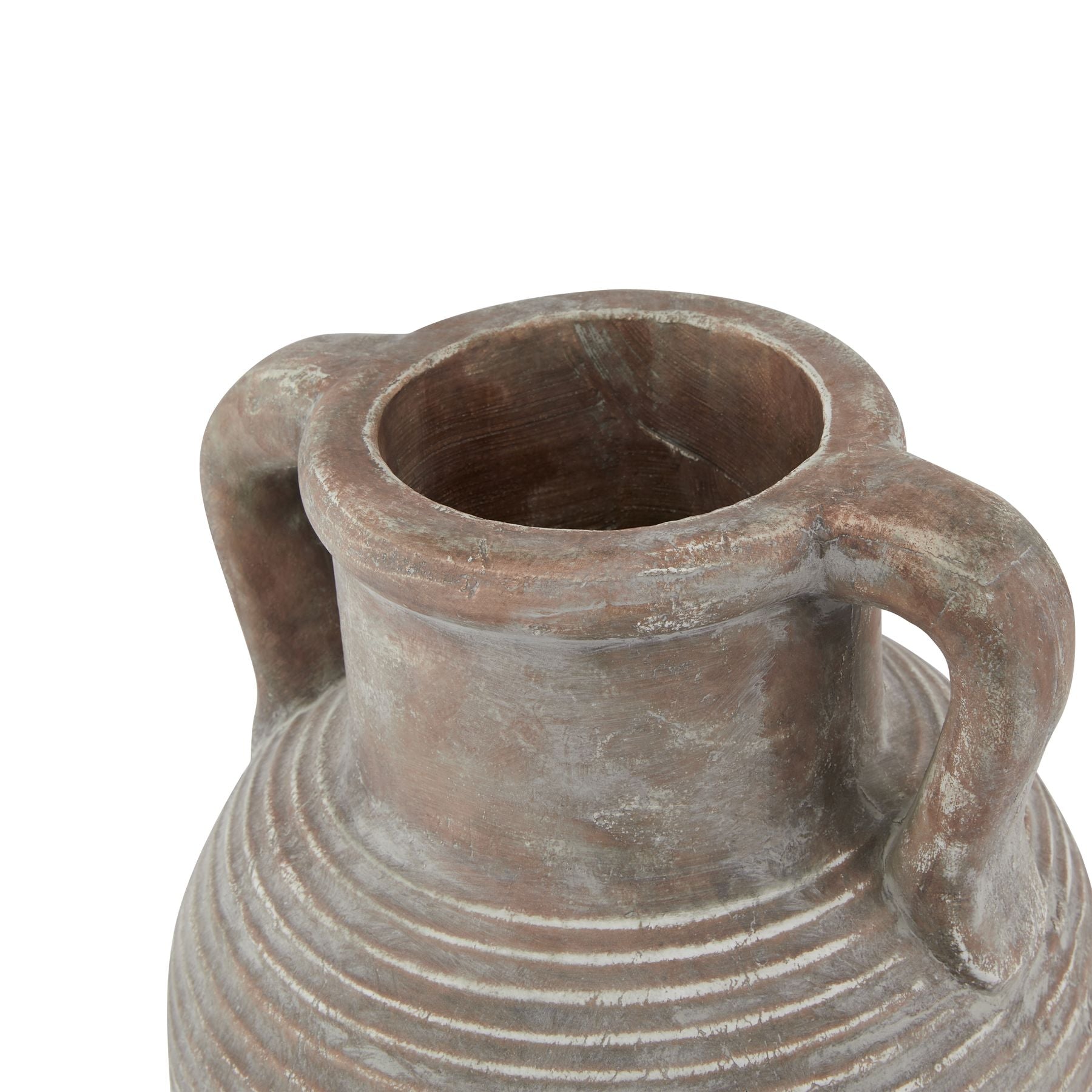 Brown ceramic vase with two handles on a white background