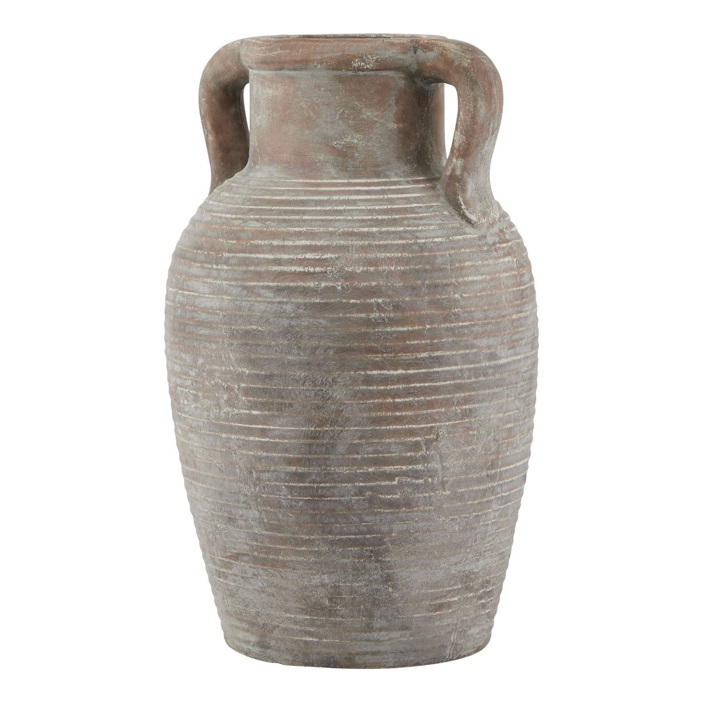 Terracotta vase with ribbed texture and handles on a white background